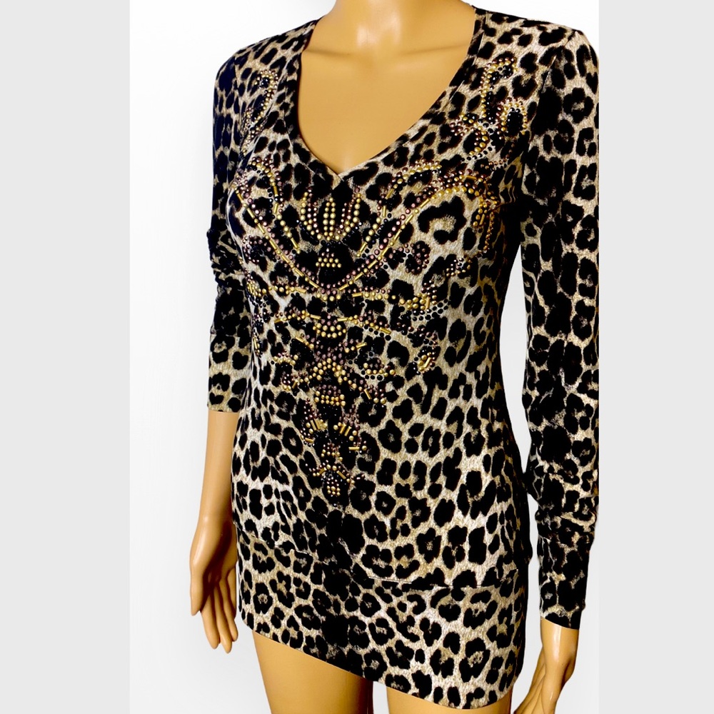 CACHE Blouse Leopard  Print long sleeve Size S